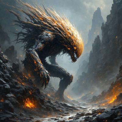 The primary subject of the image is a monster-like creature with long, spiky hair and a menacing appearance. It is standing on a rocky surface, possibly a mountain, with a dark and ominous atmosphere. The visual style of the image is digital art, as it appears to be a computer-generated or digitally rendered creation. The colors and mood of the image are predominantly dark and intense, with the monster's hair and the rocky surface creating a sense of danger and unease